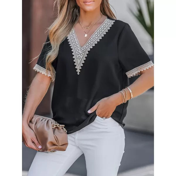 imageCUPSHE Womens V Neck Blouse Lace Trim Shirts Short Sleeves Tops for SummerBlack
