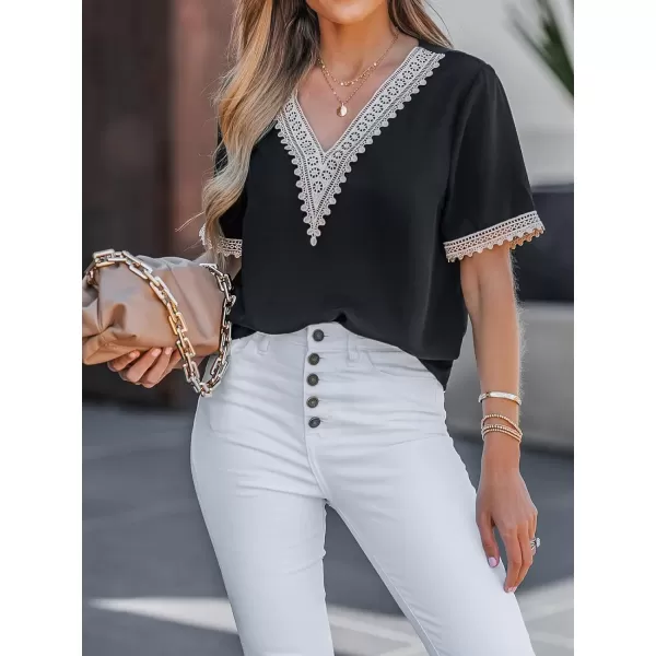 imageCUPSHE Womens V Neck Blouse Lace Trim Shirts Short Sleeves Tops for SummerBlack