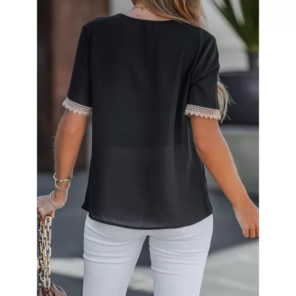 imageCUPSHE Womens V Neck Blouse Lace Trim Shirts Short Sleeves Tops for SummerBlack