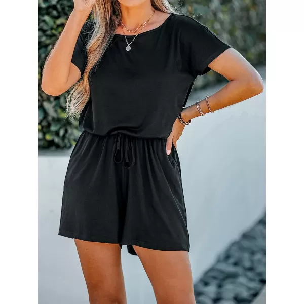 imageCUPSHE Womens V Neck Boat Neck Romper Short Sleeve Jumpsuit One Piece OutfitBlack