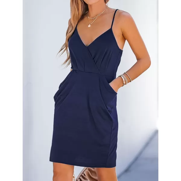 imageCUPSHE Womens V Neck Bodycon Short Dress Pleated Adjustable Cami Straps Formal Dress A Line Mini Dress with PocketsNavy Blue