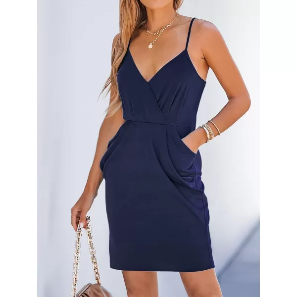 imageCUPSHE Womens V Neck Bodycon Short Dress Pleated Adjustable Cami Straps Formal Dress A Line Mini Dress with PocketsNavy Blue