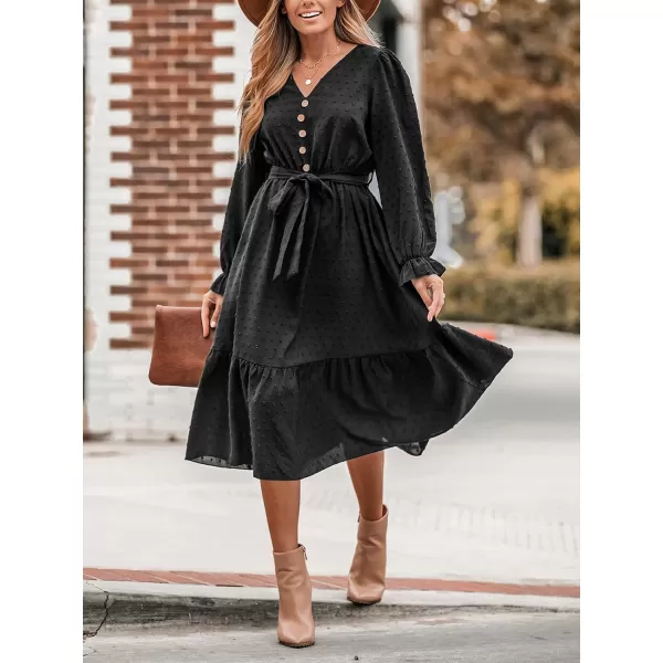 imageCUPSHE Womens V Neck Button Dot Long Ruffled Sleeve Belted Midi Dress Casual Flounce Hem A Line Long Knit DressBlack