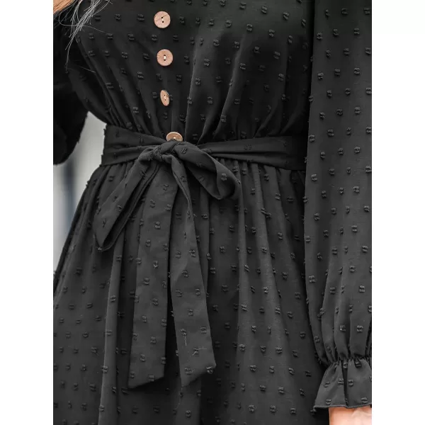 imageCUPSHE Womens V Neck Button Dot Long Ruffled Sleeve Belted Midi Dress Casual Flounce Hem A Line Long Knit DressBlack