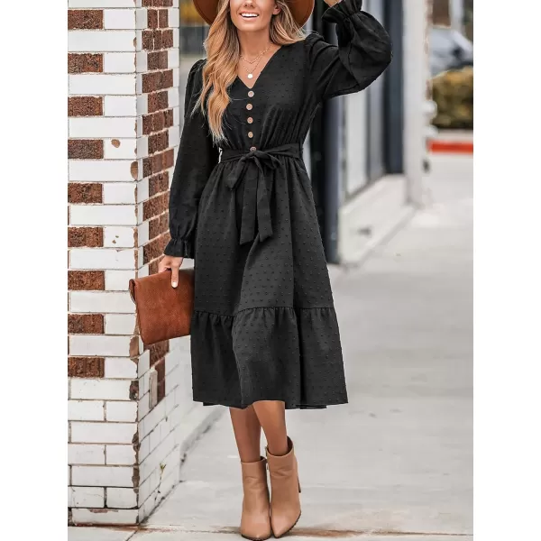 imageCUPSHE Womens V Neck Button Dot Long Ruffled Sleeve Belted Midi Dress Casual Flounce Hem A Line Long Knit DressBlack
