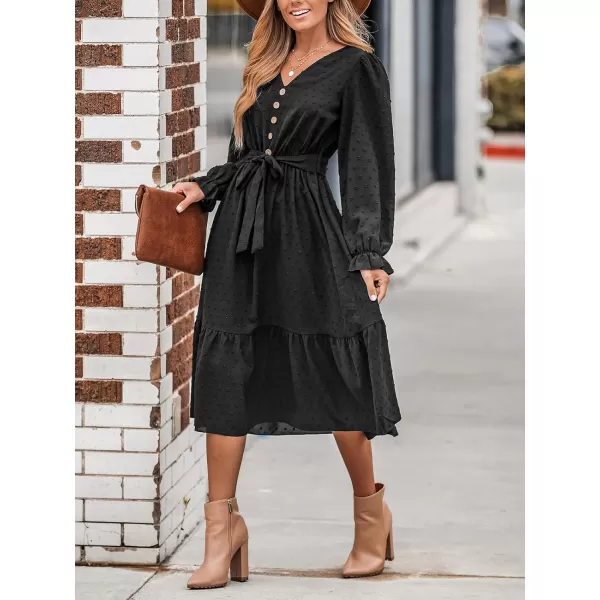 imageCUPSHE Womens V Neck Button Dot Long Ruffled Sleeve Belted Midi Dress Casual Flounce Hem A Line Long Knit DressBlack
