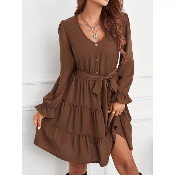 imageCUPSHE Womens V Neck Button Down Short Length Dresses Flounce Ruched Dress with BeltBrown