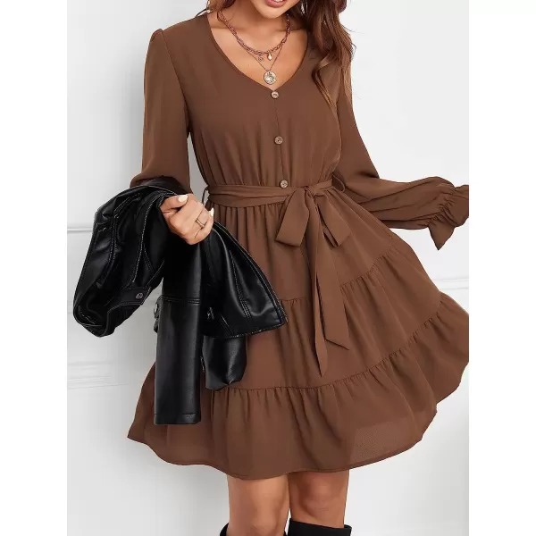 imageCUPSHE Womens V Neck Button Down Short Length Dresses Flounce Ruched Dress with BeltBrown