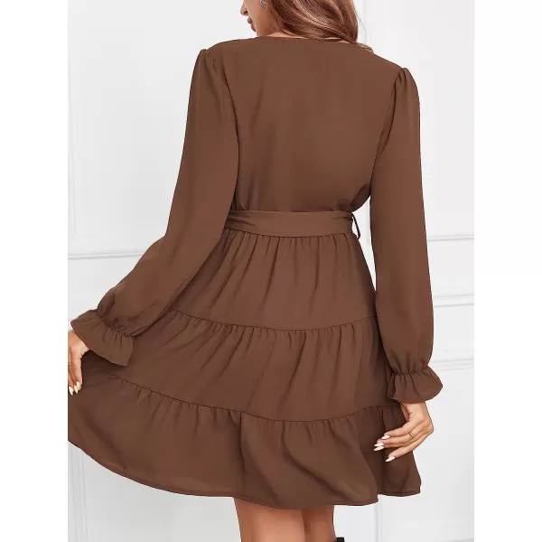 imageCUPSHE Womens V Neck Button Down Short Length Dresses Flounce Ruched Dress with BeltBrown