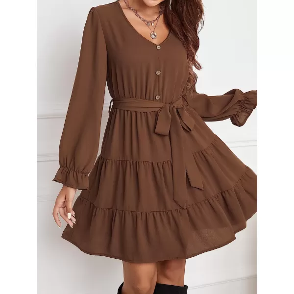 imageCUPSHE Womens V Neck Button Down Short Length Dresses Flounce Ruched Dress with BeltBrown