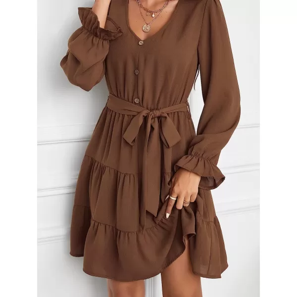 imageCUPSHE Womens V Neck Button Down Short Length Dresses Flounce Ruched Dress with BeltBrown