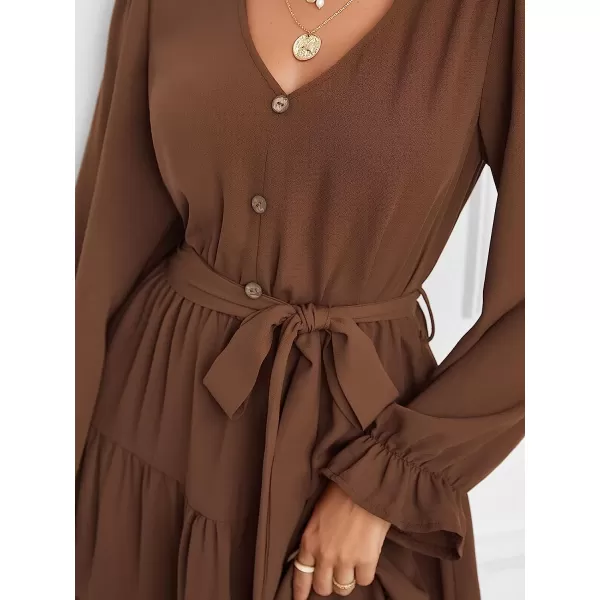 imageCUPSHE Womens V Neck Button Down Short Length Dresses Flounce Ruched Dress with BeltBrown