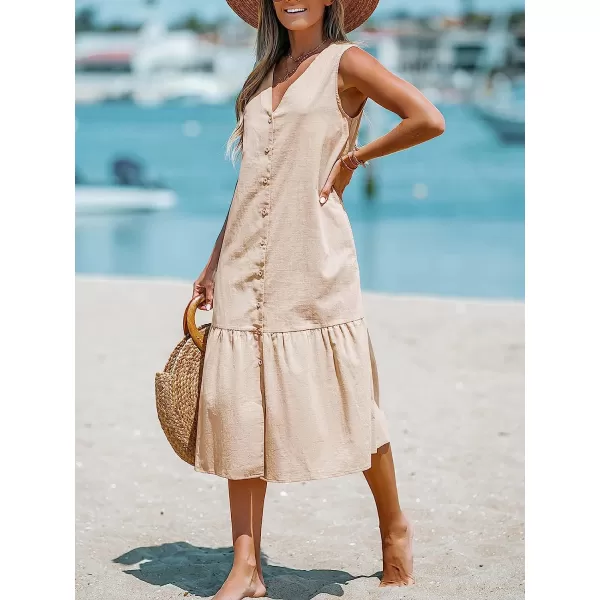 imageCUPSHE Womens V Neck Button Flounce Long Dress Ruffled A Line Sleeveless Maxi DressApricot