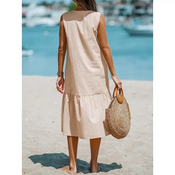 imageCUPSHE Womens V Neck Button Flounce Long Dress Ruffled A Line Sleeveless Maxi DressApricot