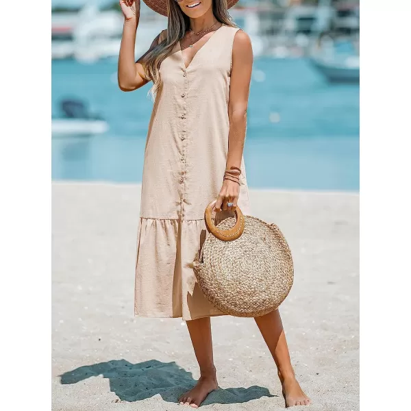 imageCUPSHE Womens V Neck Button Flounce Long Dress Ruffled A Line Sleeveless Maxi DressApricot