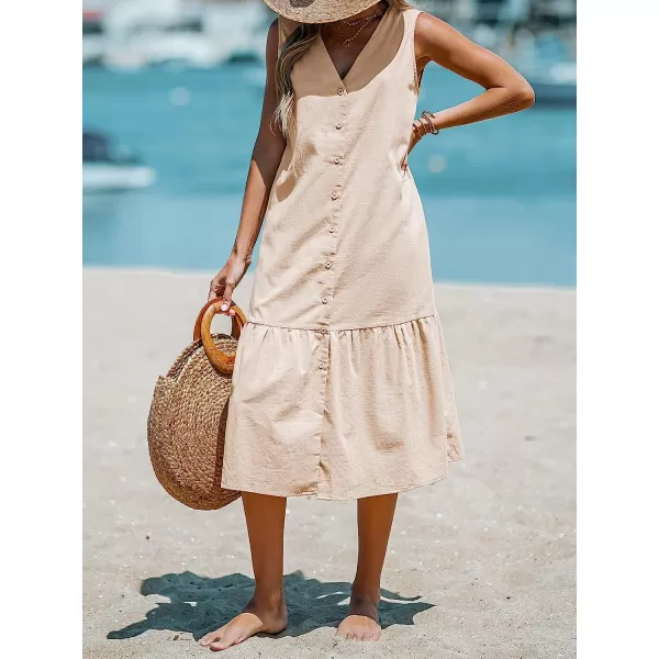 imageCUPSHE Womens V Neck Button Flounce Long Dress Ruffled A Line Sleeveless Maxi DressApricot