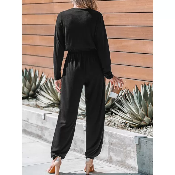 imageCUPSHE Womens V Neck Button Front Black Drawstring Long Jumpsuit Overalls Long Sleeve Casual Jumpsuit with PocketsBlack