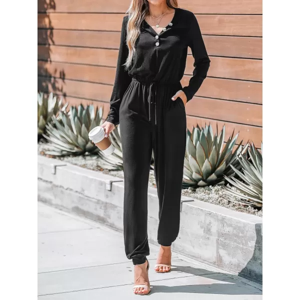 imageCUPSHE Womens V Neck Button Front Black Drawstring Long Jumpsuit Overalls Long Sleeve Casual Jumpsuit with PocketsBlack