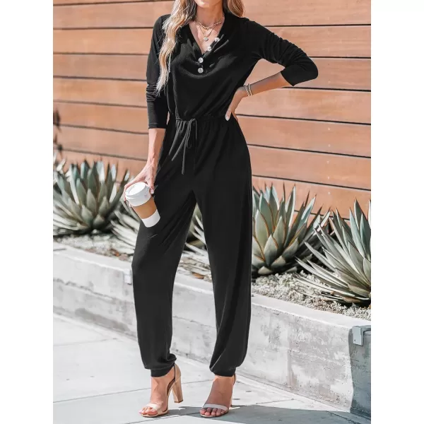 imageCUPSHE Womens V Neck Button Front Black Drawstring Long Jumpsuit Overalls Long Sleeve Casual Jumpsuit with PocketsBlack