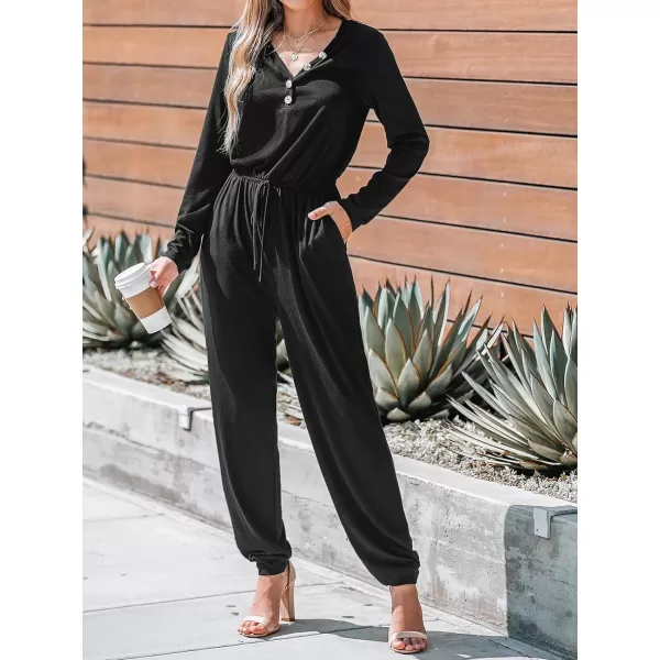 imageCUPSHE Womens V Neck Button Front Black Drawstring Long Jumpsuit Overalls Long Sleeve Casual Jumpsuit with PocketsBlack
