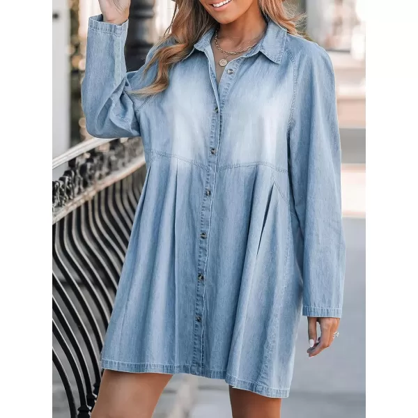 imageCUPSHE Womens V Neck Button Long Sleeve Denim A Line Mini Dress Light BlueLight Blue