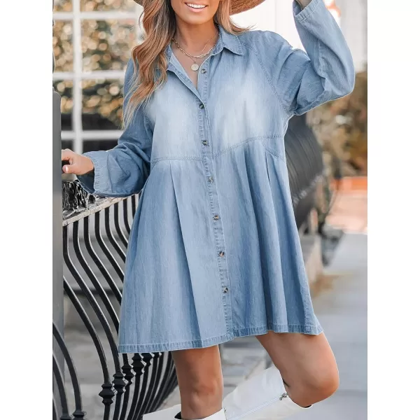 imageCUPSHE Womens V Neck Button Long Sleeve Denim A Line Mini Dress Light BlueLight Blue