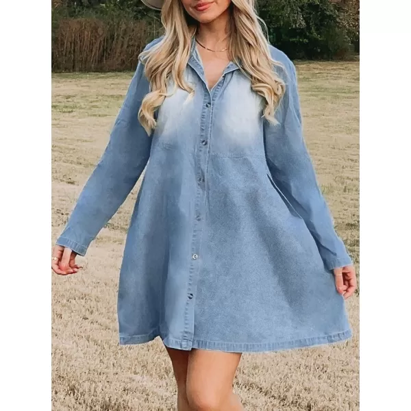 imageCUPSHE Womens V Neck Button Long Sleeve Denim A Line Mini Dress Light BlueLight Blue