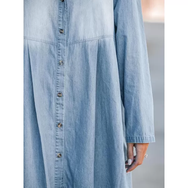 imageCUPSHE Womens V Neck Button Long Sleeve Denim A Line Mini Dress Light BlueLight Blue