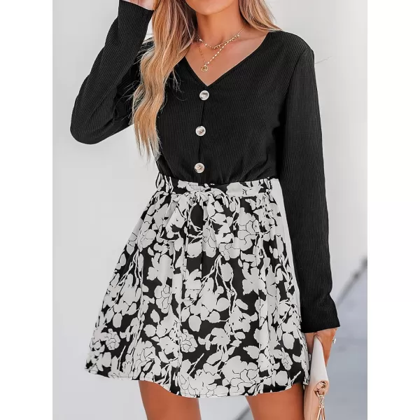 imageCUPSHE Womens V Neck Button Long Sleeve Floral Print Belted Mini Dress Casual A Line Short DressBlack