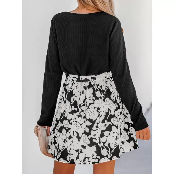imageCUPSHE Womens V Neck Button Long Sleeve Floral Print Belted Mini Dress Casual A Line Short DressBlack