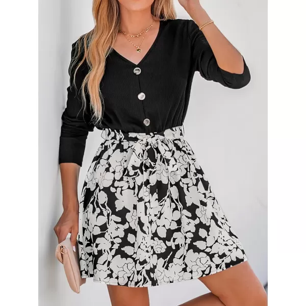 imageCUPSHE Womens V Neck Button Long Sleeve Floral Print Belted Mini Dress Casual A Line Short DressBlack