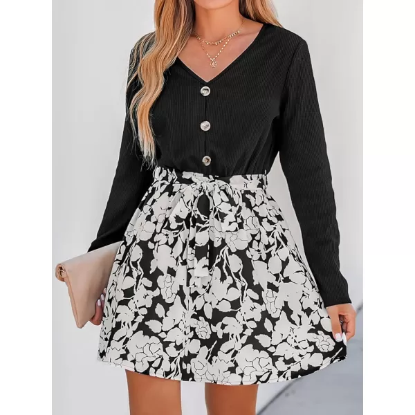 imageCUPSHE Womens V Neck Button Long Sleeve Floral Print Belted Mini Dress Casual A Line Short DressBlack