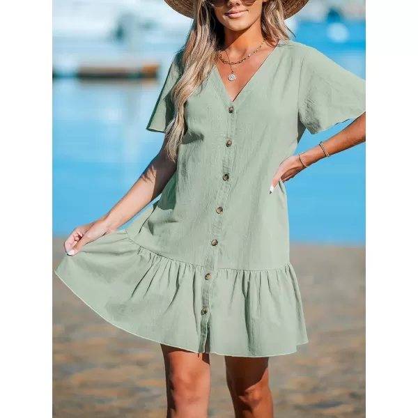 imageCUPSHE Womens V Neck Button Short Sleeve Flounce Beach Summer Mini Cover Up DressSage Green