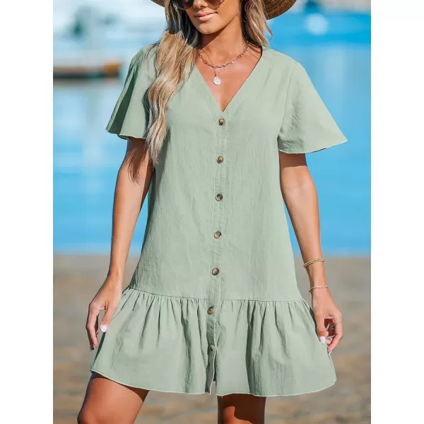 imageCUPSHE Womens V Neck Button Short Sleeve Flounce Beach Summer Mini Cover Up DressSage Green