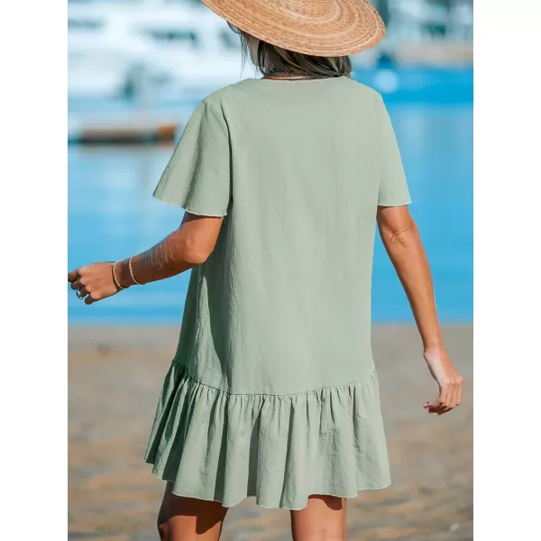 imageCUPSHE Womens V Neck Button Short Sleeve Flounce Beach Summer Mini Cover Up DressSage Green