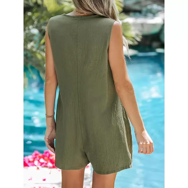 imageCUPSHE Womens V Neck Button Sleeveless Pockets Front Short Romper Summer Casual Overalls Mini JumpsuitOlive Green