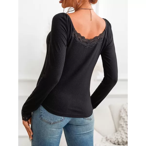 imageCUPSHE Womens V Neck Camis Tank Top Solid Lace Long Sleeve Blouse Lace Henley TeeBlack