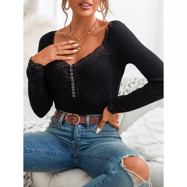 imageCUPSHE Womens V Neck Camis Tank Top Solid Lace Long Sleeve Blouse Lace Henley TeeBlack