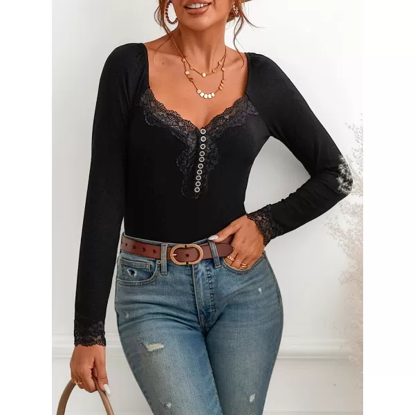 imageCUPSHE Womens V Neck Camis Tank Top Solid Lace Long Sleeve Blouse Lace Henley TeeBlack