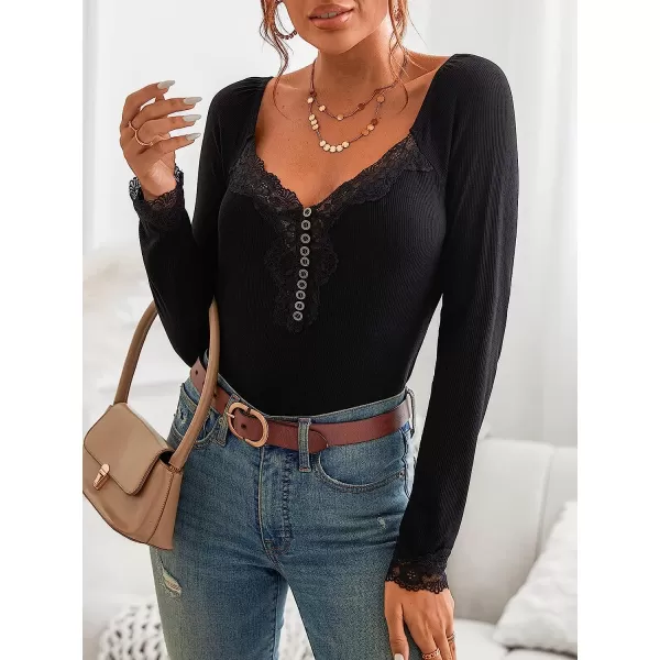 imageCUPSHE Womens V Neck Camis Tank Top Solid Lace Long Sleeve Blouse Lace Henley TeeBlack