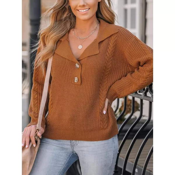 imageCUPSHE Womens V Neck Casual Long Sleeves Button Ribbed Knitted Pullover SweaterBrown