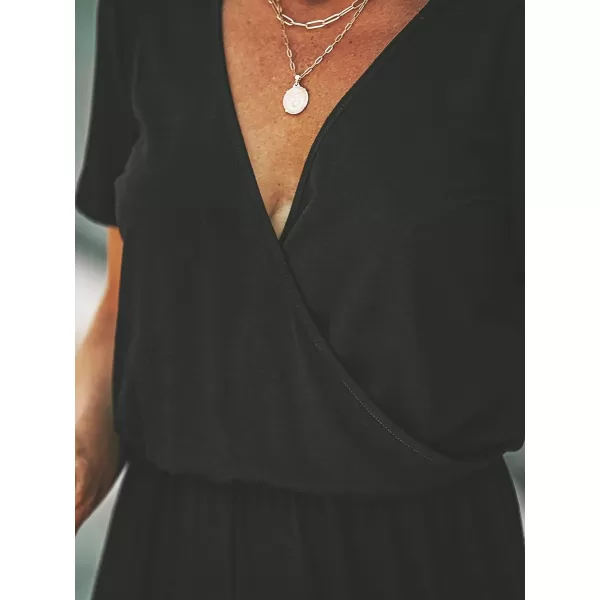 imageCUPSHE Womens V Neck Casual Loose Short Sleeves Jumpsuit Elastic Waist Stretchy Long Romper JumpsuitBlack