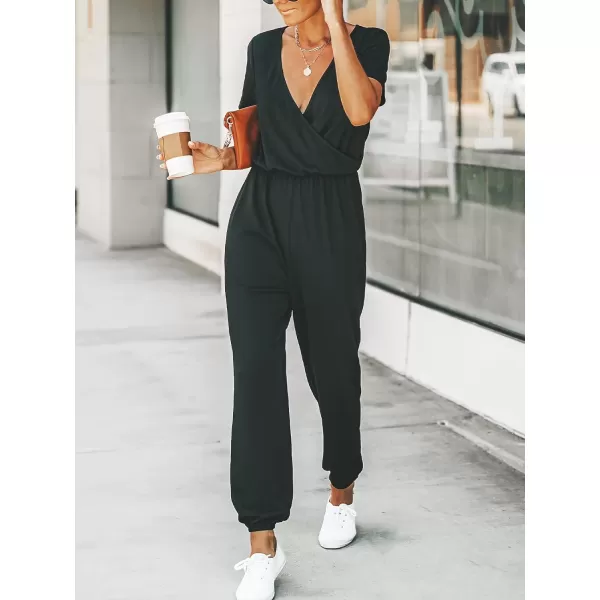 imageCUPSHE Womens V Neck Casual Loose Short Sleeves Jumpsuit Elastic Waist Stretchy Long Romper JumpsuitBlack