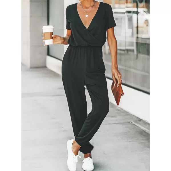 imageCUPSHE Womens V Neck Casual Loose Short Sleeves Jumpsuit Elastic Waist Stretchy Long Romper JumpsuitBlack