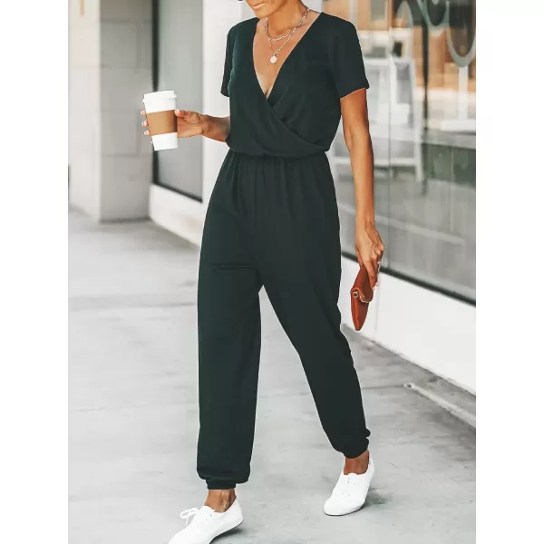 imageCUPSHE Womens V Neck Casual Loose Short Sleeves Jumpsuit Elastic Waist Stretchy Long Romper JumpsuitBlack