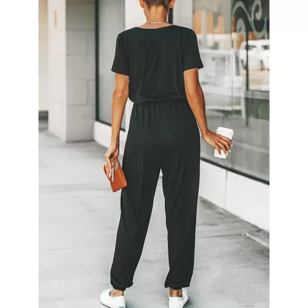 imageCUPSHE Womens V Neck Casual Loose Short Sleeves Jumpsuit Elastic Waist Stretchy Long Romper JumpsuitBlack