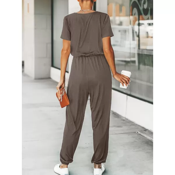 imageCUPSHE Womens V Neck Casual Loose Short Sleeves Jumpsuit Elastic Waist Stretchy Long Romper JumpsuitDark Grey