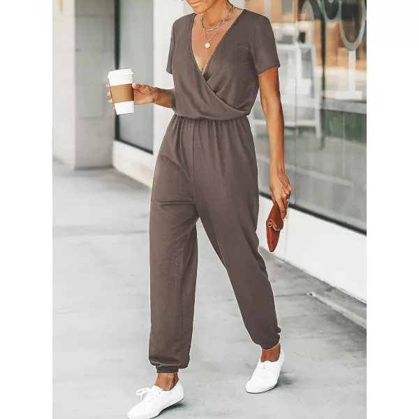 imageCUPSHE Womens V Neck Casual Loose Short Sleeves Jumpsuit Elastic Waist Stretchy Long Romper JumpsuitDark Grey