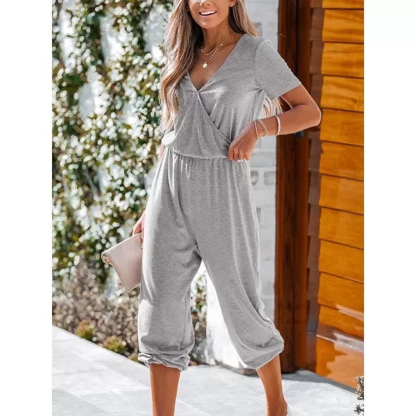imageCUPSHE Womens V Neck Casual Loose Short Sleeves Jumpsuit Elastic Waist Stretchy Long Romper JumpsuitGrey