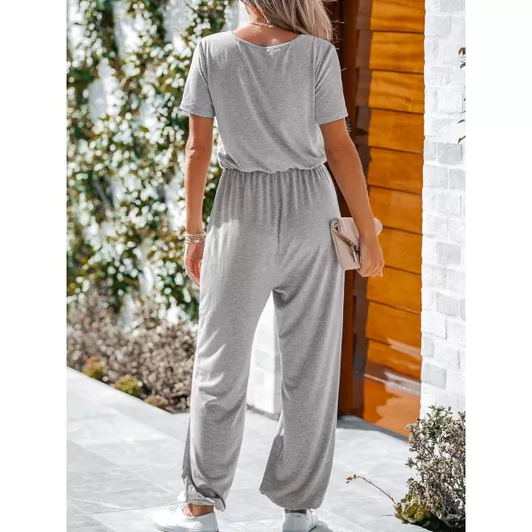 imageCUPSHE Womens V Neck Casual Loose Short Sleeves Jumpsuit Elastic Waist Stretchy Long Romper JumpsuitGrey